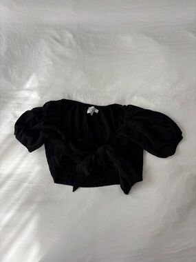 Polly Black Puff Sleeve Crop Top Tie Front Cottagecore